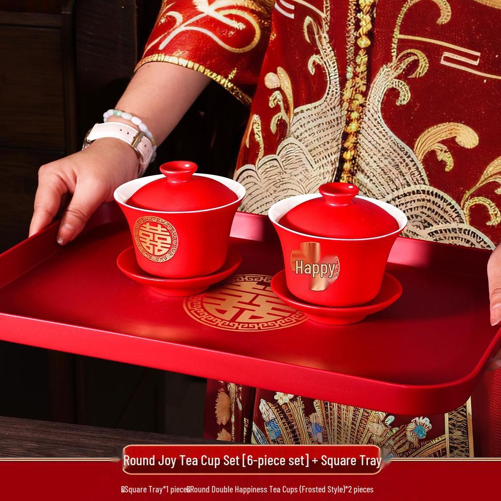 Red Wedding Tea Set: Teacups, Bowls, Chopsticks for Toasting & Dowry