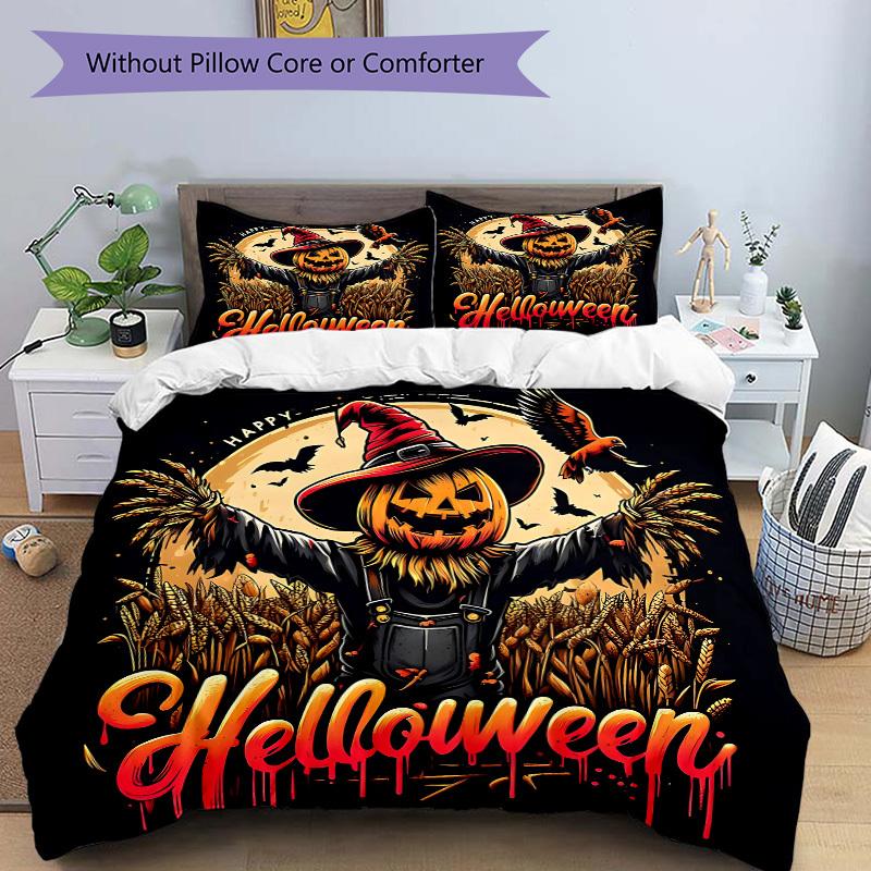 3pc Halloween Scarecrow Cover Set - 1 Quilt Cover + 2 Pillowcases, All Seasons Bedroom Setting, Perfect for Home058