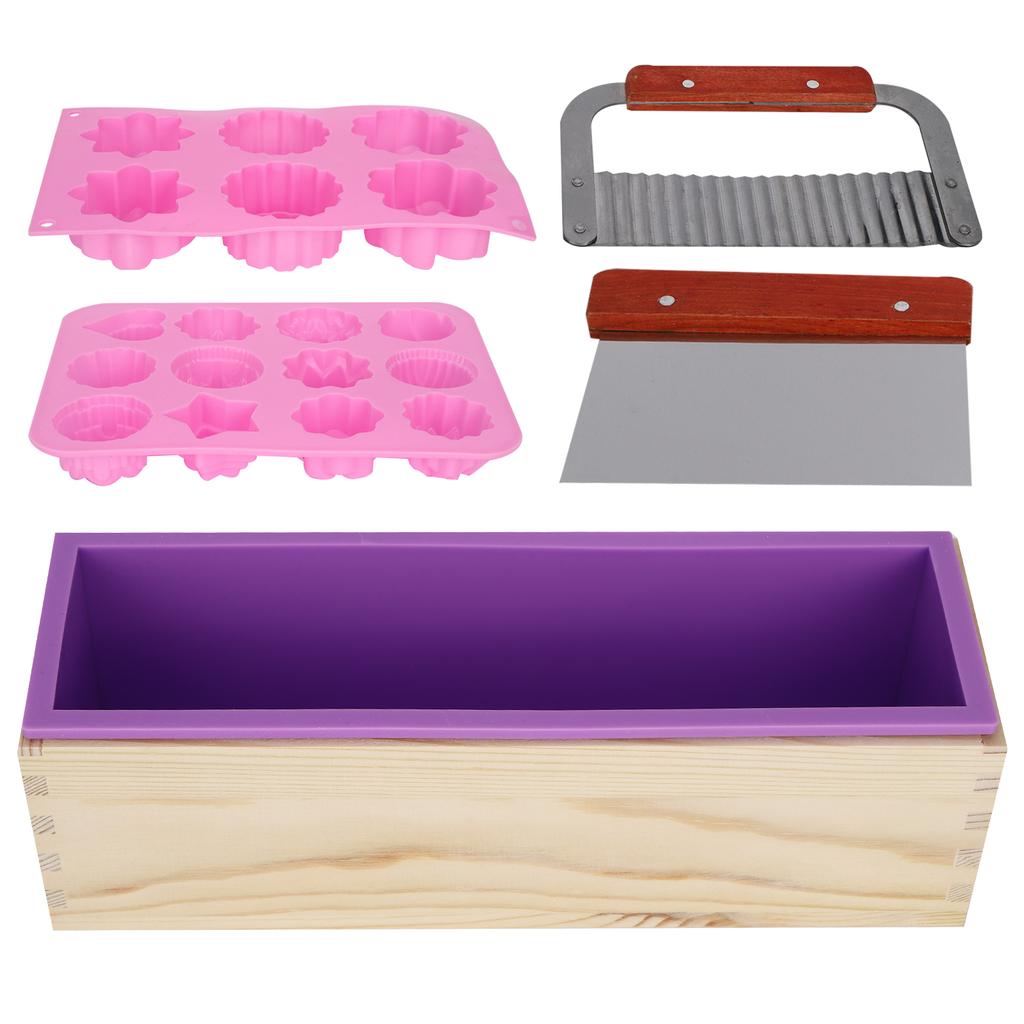 DIY Silicone Hand Made Soap Mold Set Wood Box Wavy Straight Cutter Molds Heat Shrinkage Film