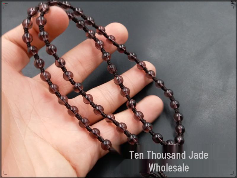 Hand-Woven Amethyst Round Bead Necklace with Purple Cord Hanging Rope