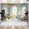 Enchanted Blue Window Floral Backdrop Romantic Garden Door Cloudy Sky Party Background