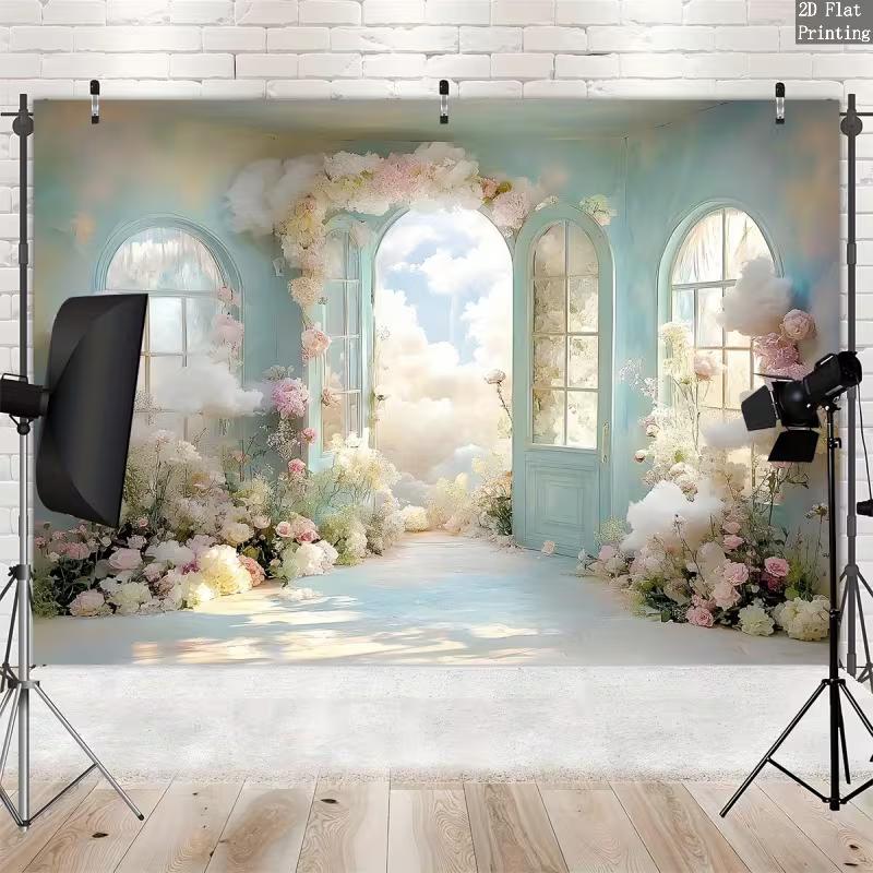 Enchanted Blue Window Floral Backdrop Romantic Garden Door Cloudy Sky Party Background