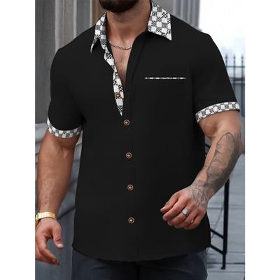 Men's Bohemian Plaid Button Up Shirt with Slightly Stretchy Color Blocked Collar, Short Sleeves