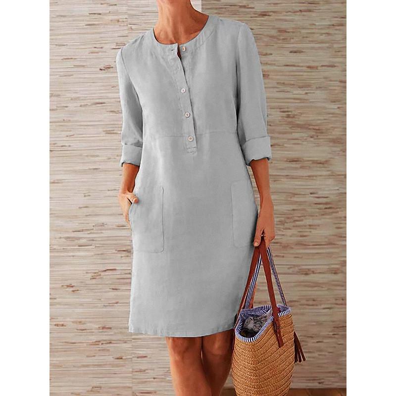 Cotton Linen Long Sleeve Dress With Spliced Design For Casual Office Wear