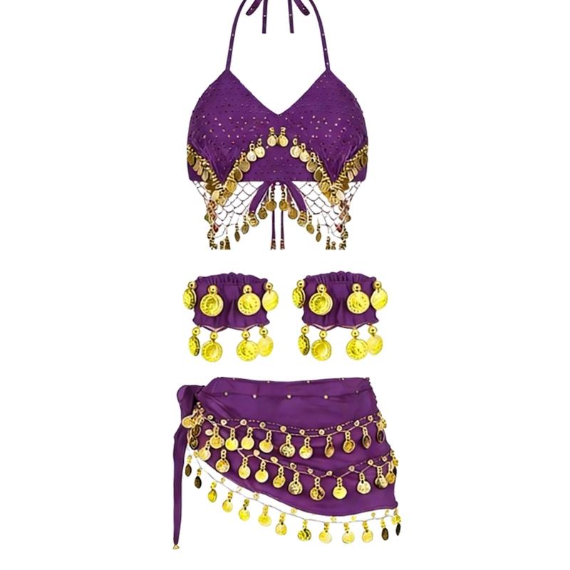 Indian Dance Costume Set With Swinging Fringe And Shimmering Waist Chain For Belly Dance Shows