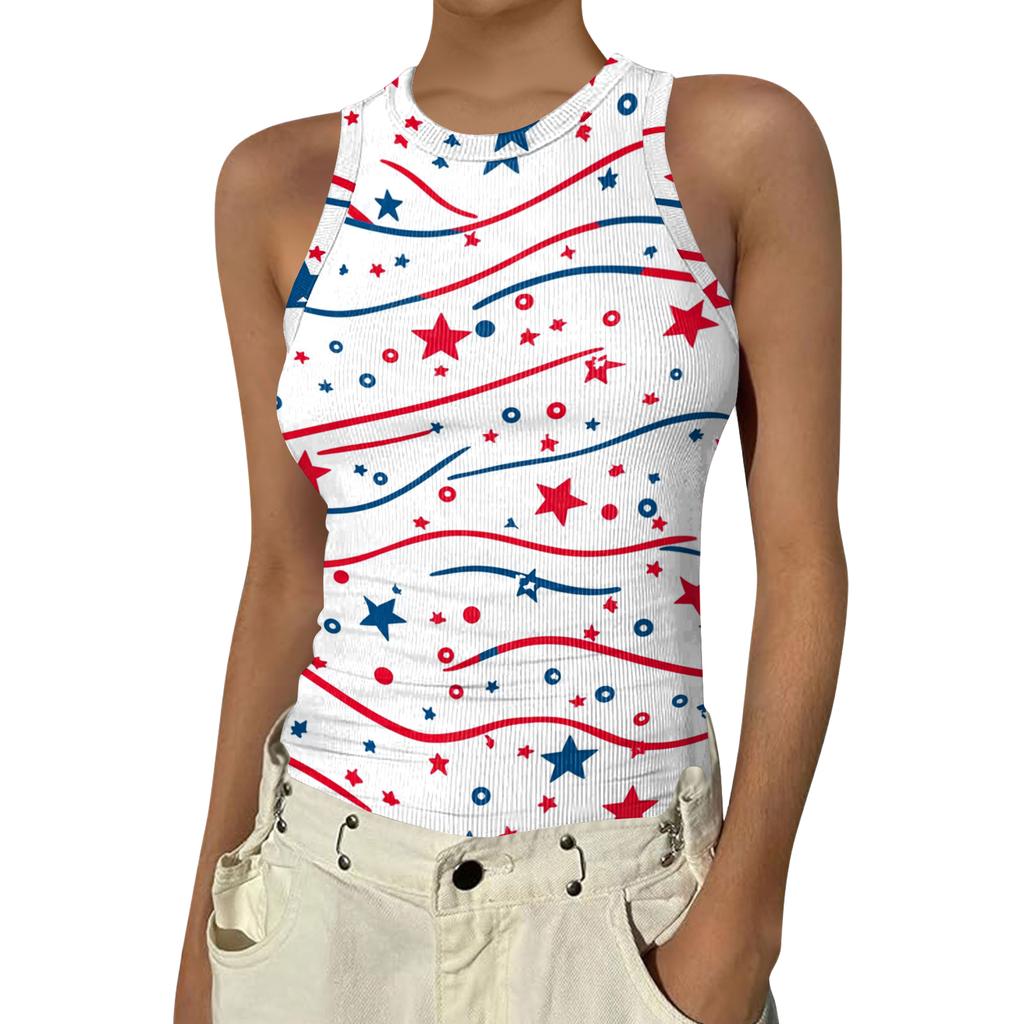Women's Fashion Round Neck Independence Day Print Sleeveless Vest Top