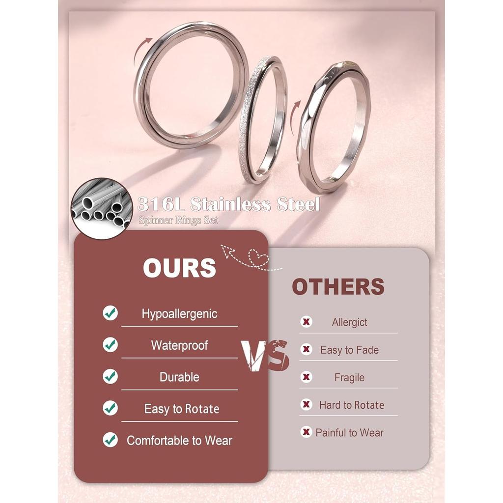 Bobisty 3Pcs Fidget Ring for Women Men Stainless Steel Rings for Relief Anxiety Anti Stress Band Thumb Spinner Ring Jewelry Gift