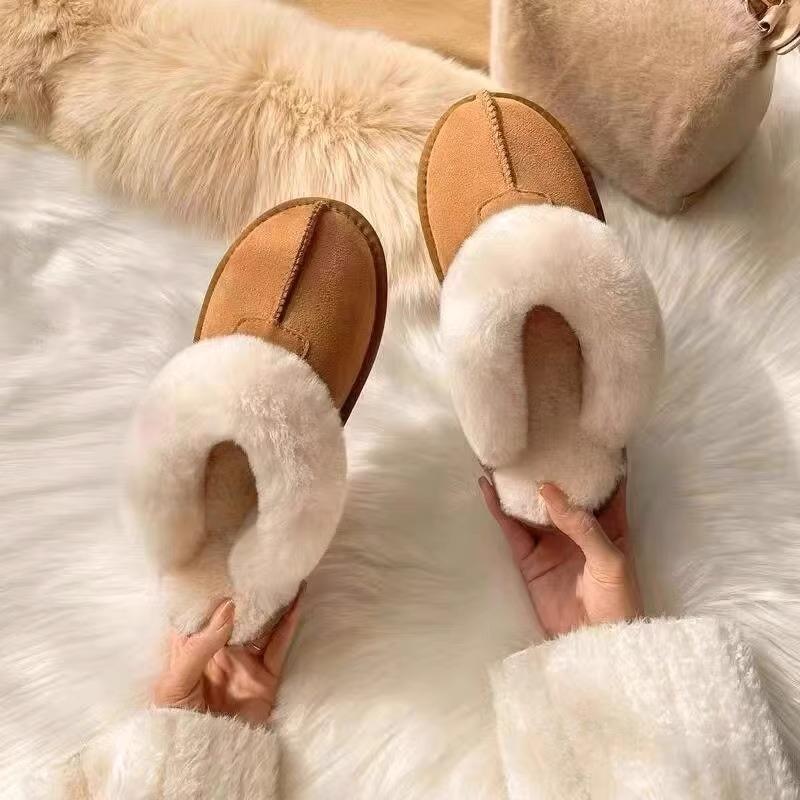 Fur integrated snow boots 2025 autumn and winter new flat-bottomed fluffy slippers women's home velvet bag head half-drag cotton shoes