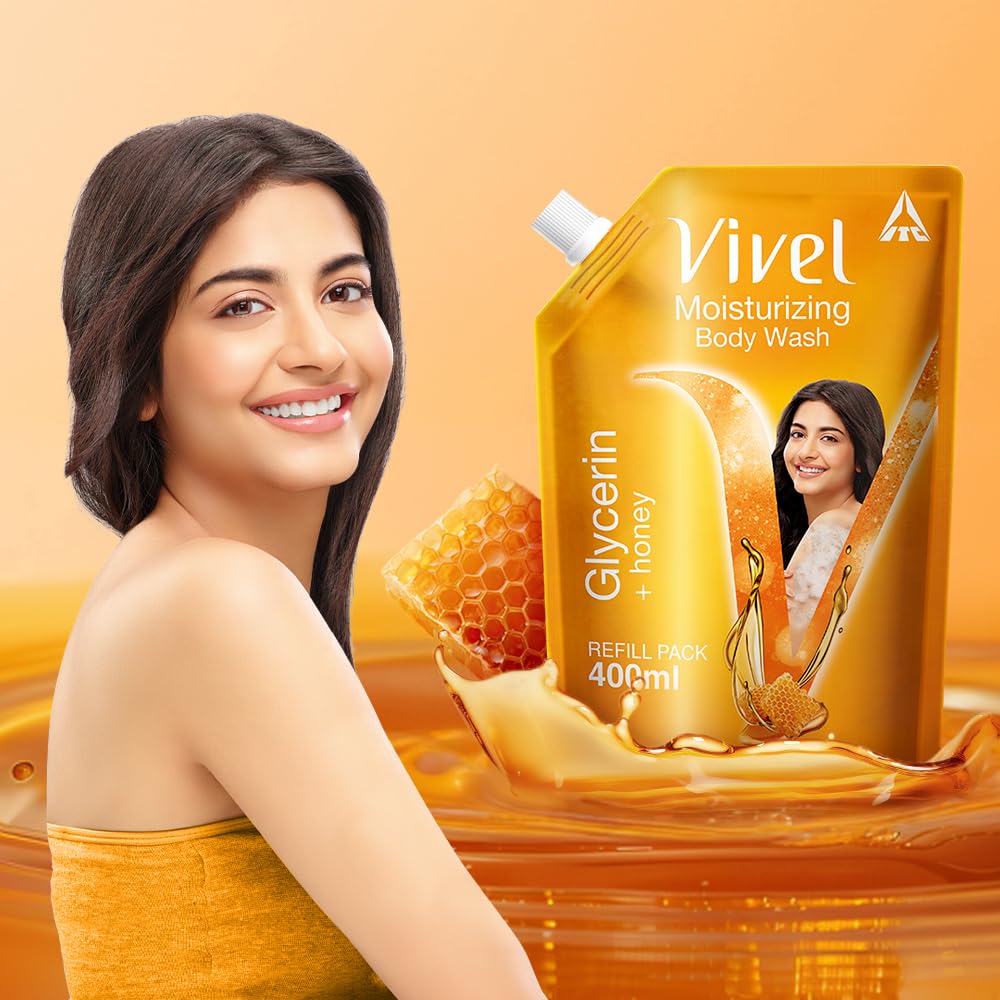 Vivel Glycerin And Honey Moisturizing Body Wash 400ml Refill Pouch For Women And Men For Glowing Soft Nourished And Hydrated Skin All Skin Types