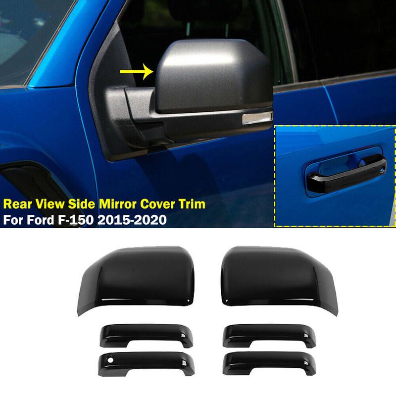For Ford F150 2015- Raptor Car Rearview Side Mirror Wing Cap + Door Handle Cover Exterior Door Housing Shell Trim ABS