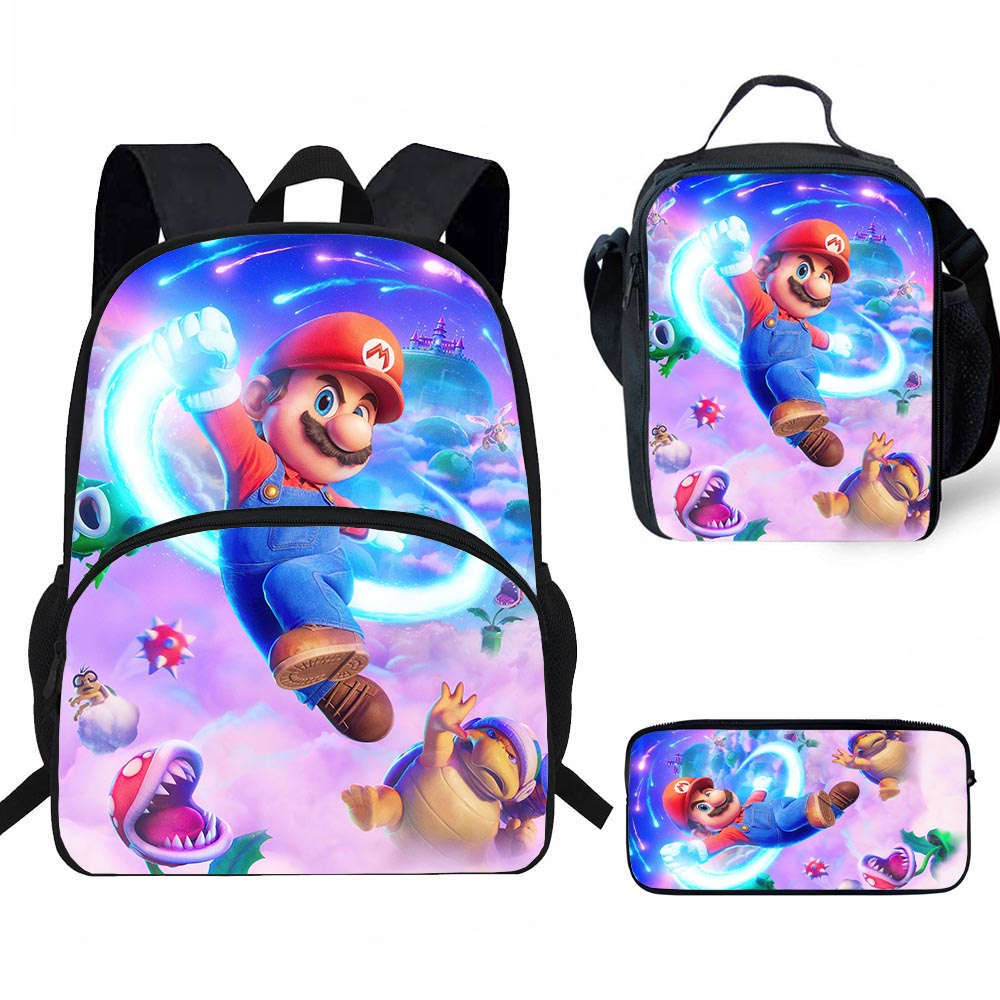 Zaino Cartone Animato di Mario, Borsa Pranzo e Astuccio—Nuovo Set Cancelleria, Adatto per le Classi 3–6