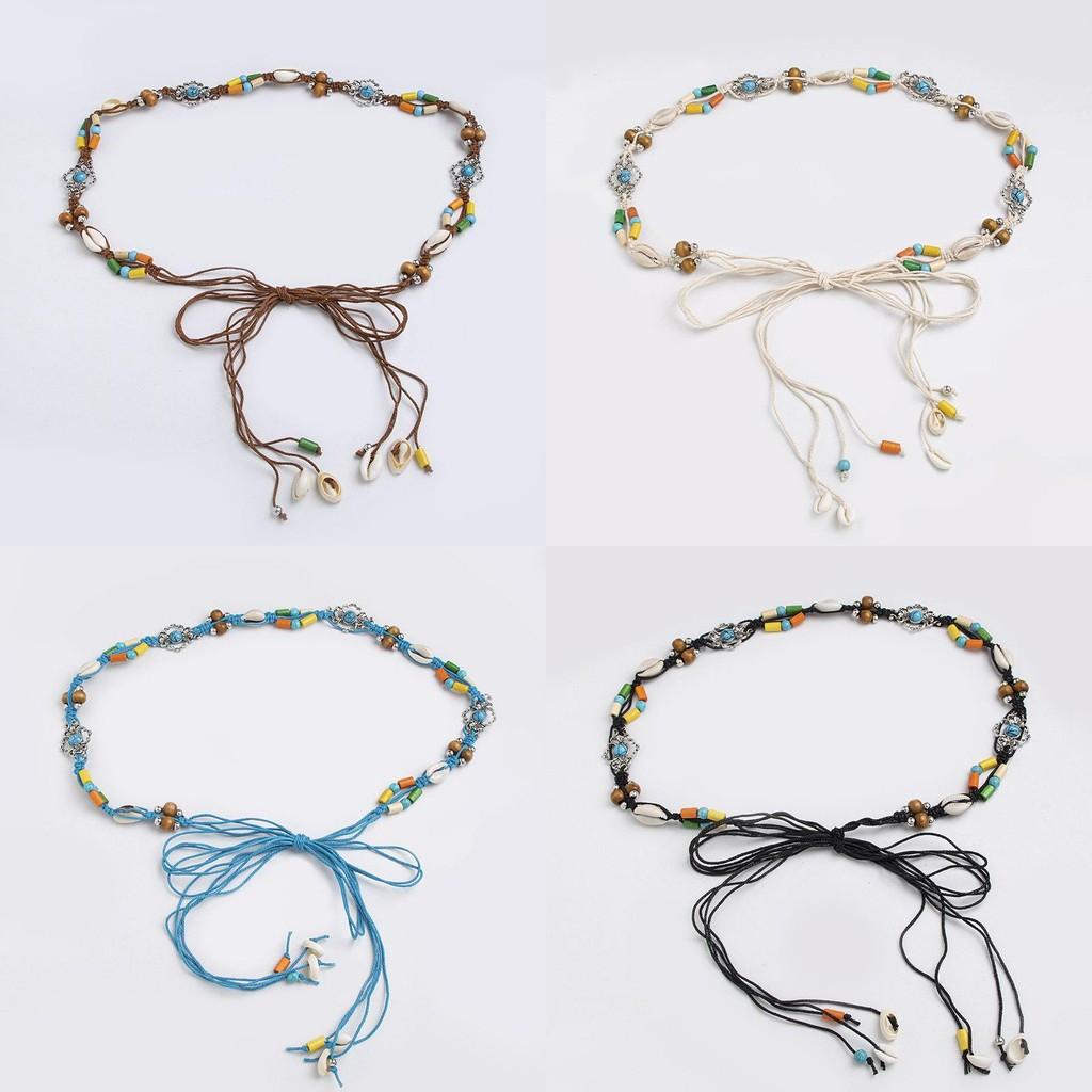 Bohemian Waist Cord With Embellished Shells And Wooden Beads For Beach And Vacation Accessories