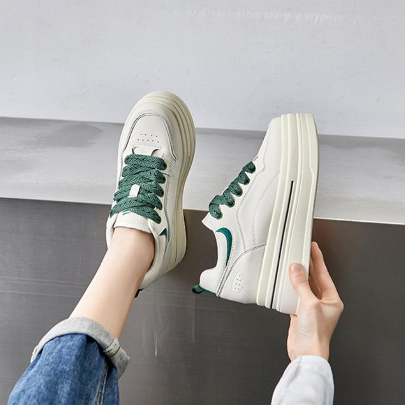 8cm  New Genuine Leather Chunky Sneakers Vulcanize Autumn Thick Soled Pumps Women Platform Wedge Fashion Ladies Spring Shoes