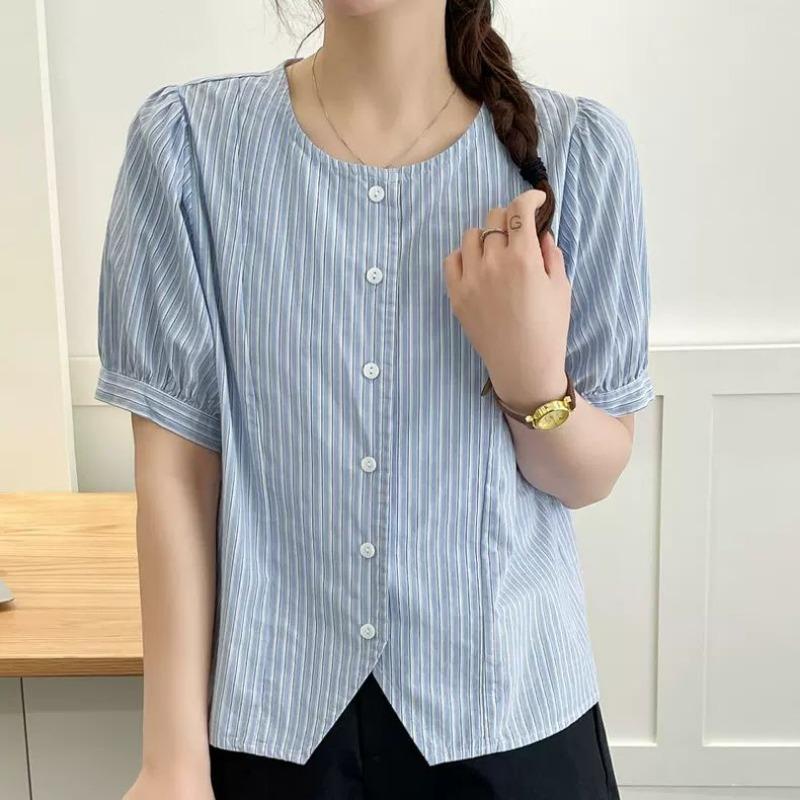 French Striped Short Sleeve Shirt Women New Small Short Top Loose Retro Cardigan