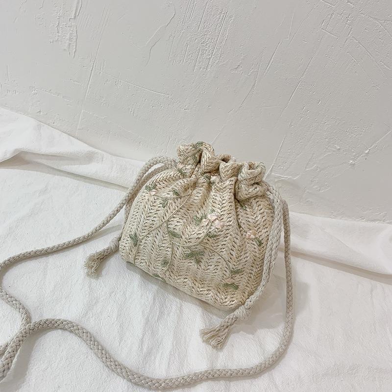 Woven Bag Women, New Trendy Fashion Lace Versatile Drawstring Bucket Bag Shoulder Crossbody Straw Woven Bag
