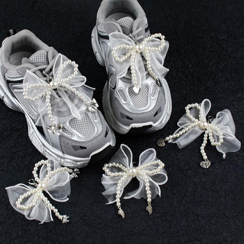 1 Pair Handmade Shoes Clip Decoration Pearl Lace Bead Chiffon Charm Bowknot Shoe Buckle Bag Pendant Shoe Accessories