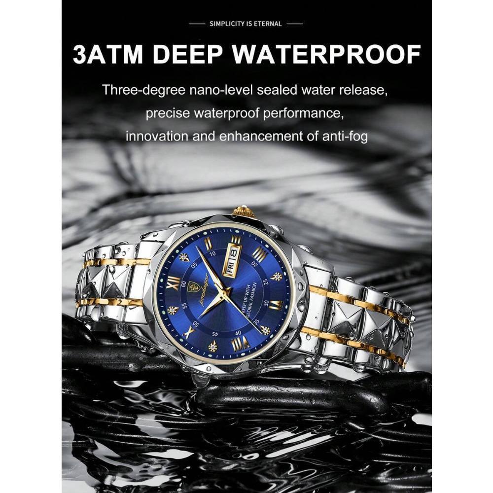 POEDAGAR Business Men's Stainless Steel Dual Calendar Quartz Watch, Casual Waterproof Luminous Men's Watch, Men's Gift