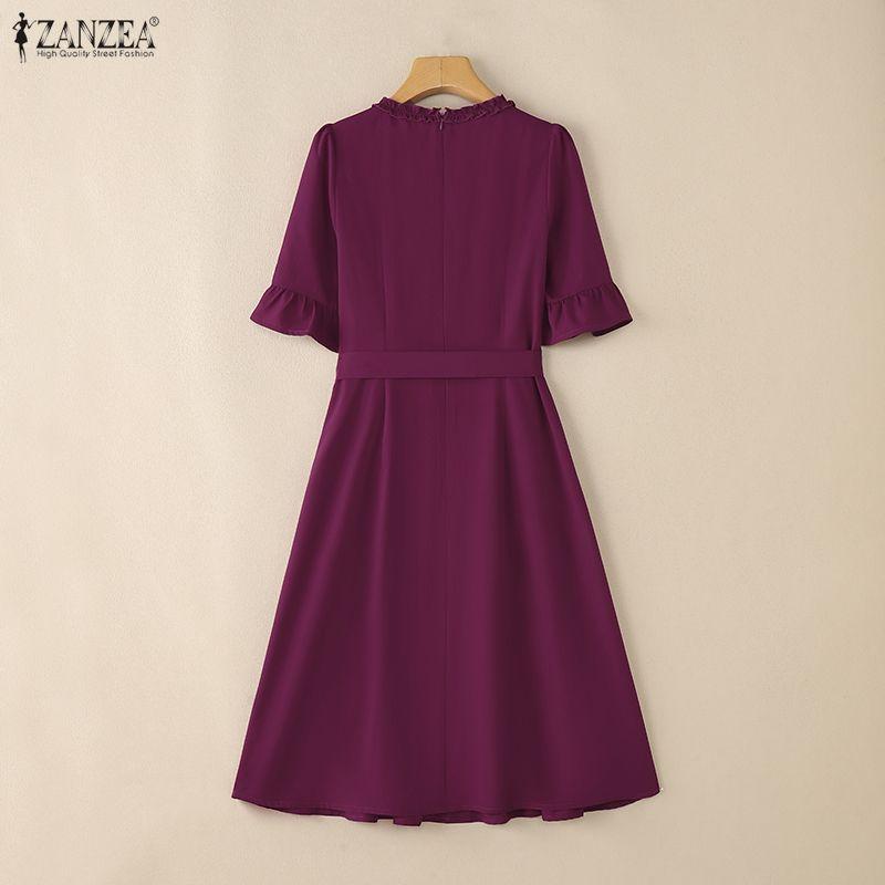 ZANZEA Vestido Casual de Mujer con Cuello Redondo, Color Sólido y Manga Corta