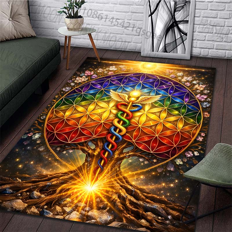 Multiple sizes Rainbow Flower of Life Pattern Carpet for Living Room Bedroom Sofa Home Decor Rus Non-slip Floor Mat Luxury Gift
