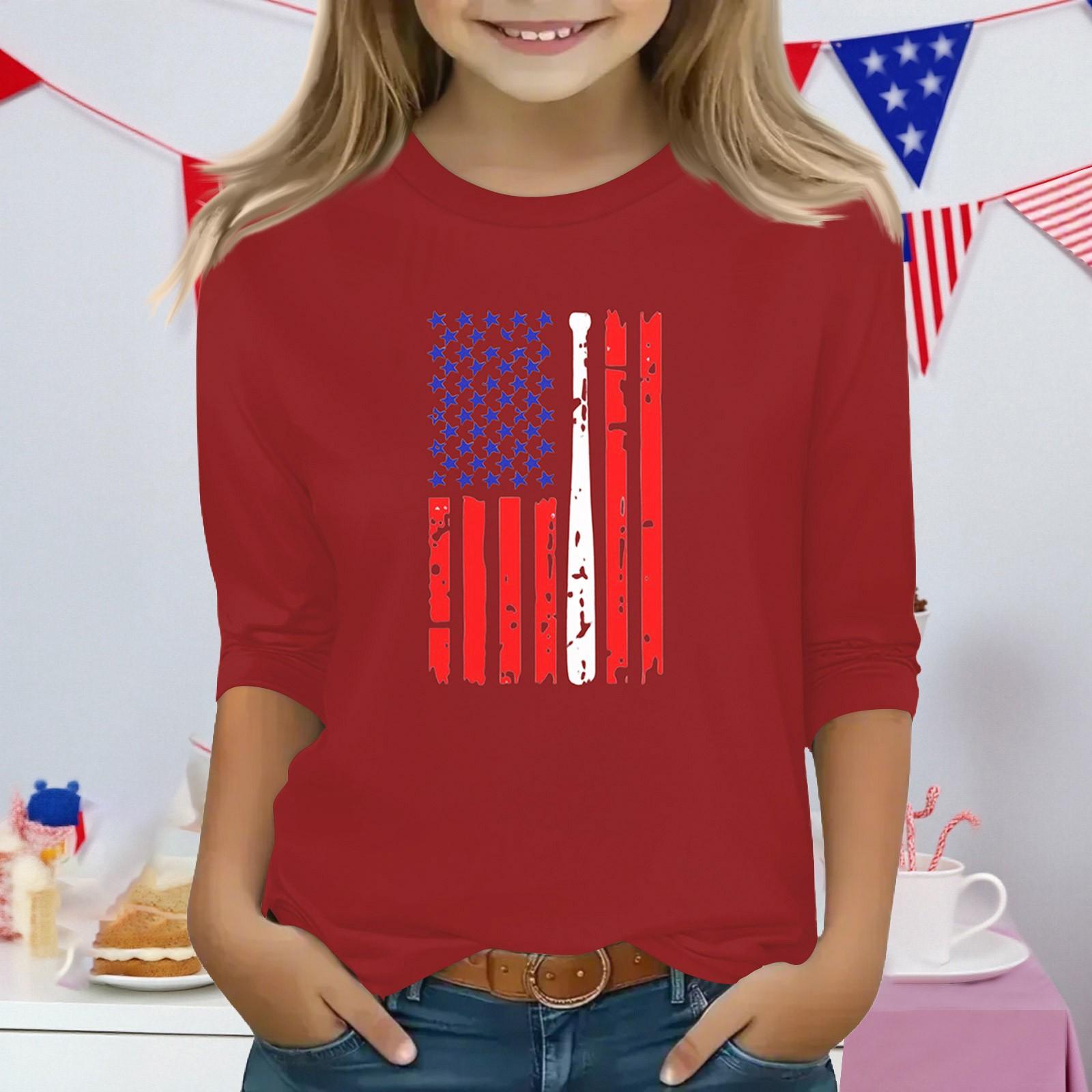 

Топы с принтом для девочек 3-10 лет с круглым вырезом и рукавами 3/4 Футболки Модные топы Наряды Футболки 160 винный