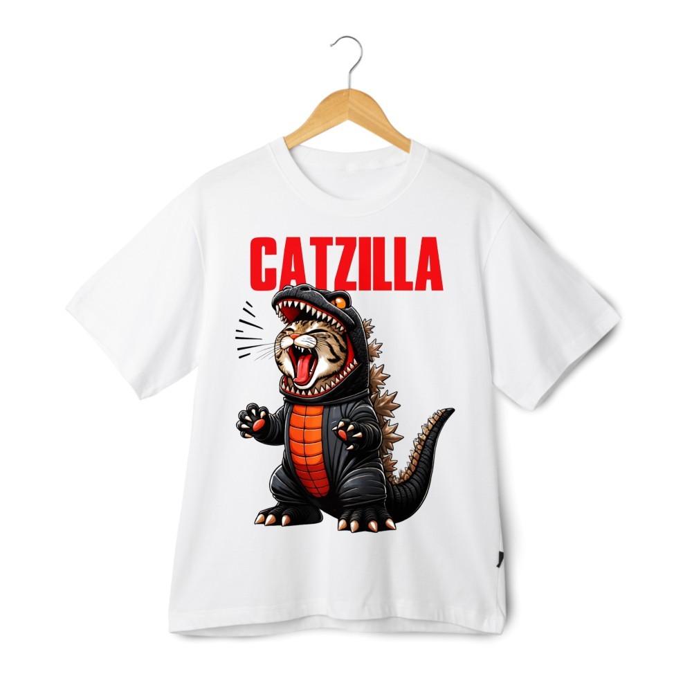 Catzilla Shirt Funny Cat Monster Parody Graphic T-Shirt Cat Lover Streetwear Tee L