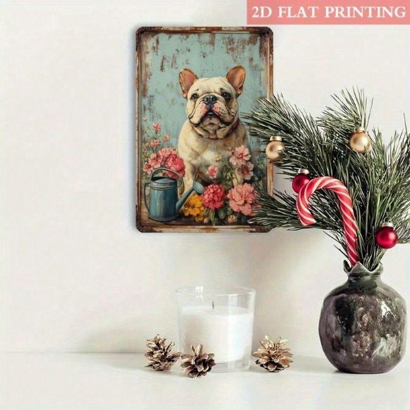Vintage French Bulldog Metal Poster Wall Art, Flowers Living Room Decor