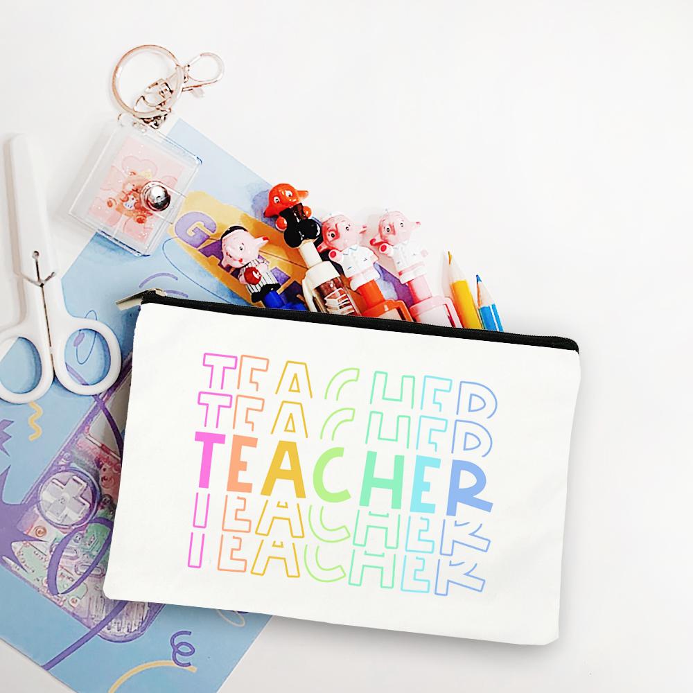 Blessed Teacher Life Leopard Makeup Bags Student White Pencil Pouch Teacher Shopping Handbag Storage Bag Teachers' Day Best Gift