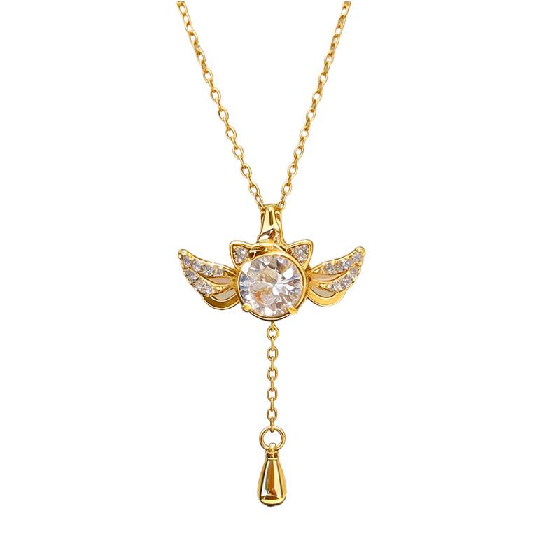 

Trendy Winged Cat Tassel Pendant Necklace - Moving Wings Zircon Titanium Steel Gold Plated Collarbone Chain for Women