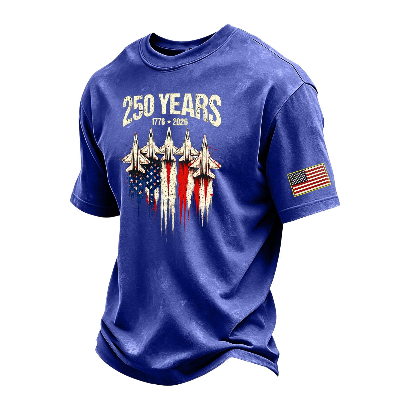 

Men’s Vintage Crew Neck Short Sleeve T Shirt with 250 Years Graphic Print and Flag Patch Casual Fit Top XXXL синий