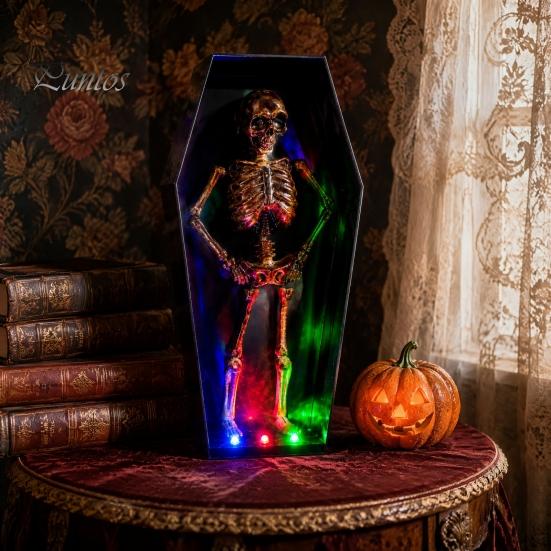 Colorful LED Halloween Light Dancing Skeleton in Casket, Up Musical Toy with Lights, Spooky Animated Decor, Party Haunted House Props Retro Ornament