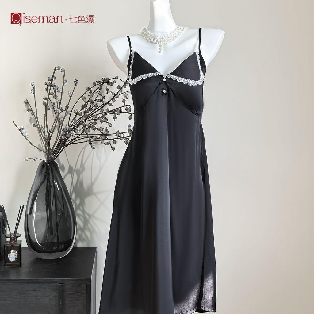 Ice Silk Suspender Nightdress Women's Summer Sexy Pure Lust Girl Loungewear Suit with Chest Pad Silk Pajamas Spring and Summer