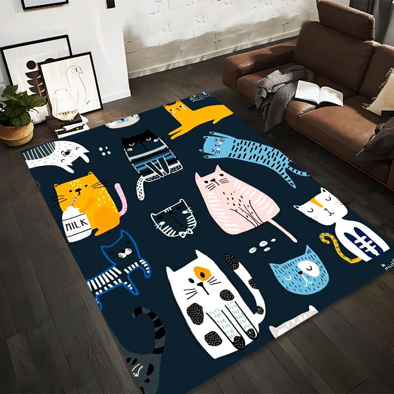 Colorful Cartoon Cat Pattern Carpet with Whimsical Feline Designs in Dark Blue Background Suitable for use as an anti-slip1 for1room and bedroom sofas