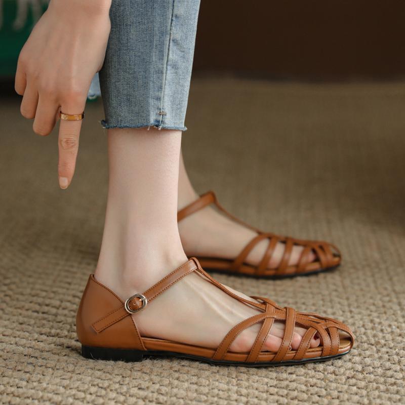 2025 summer bohemian retro one-word buckle with bag head woven sandals women's flat low-heeled hollowed-out Roman shoes