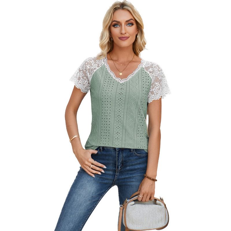 Lace Patchwork V-neck Breathable Top European and American Style Lace Patchwork V-neck Casual Tops
