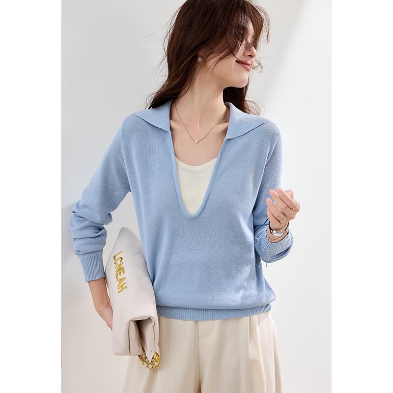 VICTORIA&VERA Women's Wool Blend Faux Two-Piece V-Neck Knit Sweater