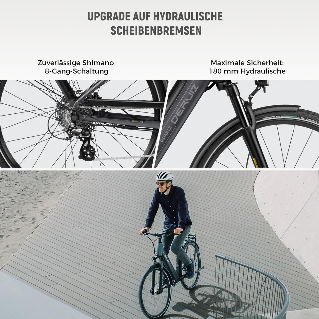 Elektrofahrrad DERUIZ Quartz 28'' 250W Motor City E-Bike - 48V 13,4Ah Akku Bis zu 161 km Reichweite, Hydraulische Bremsen, Drehmomentsensor, 8 Gänge, Zuladung 130 kg