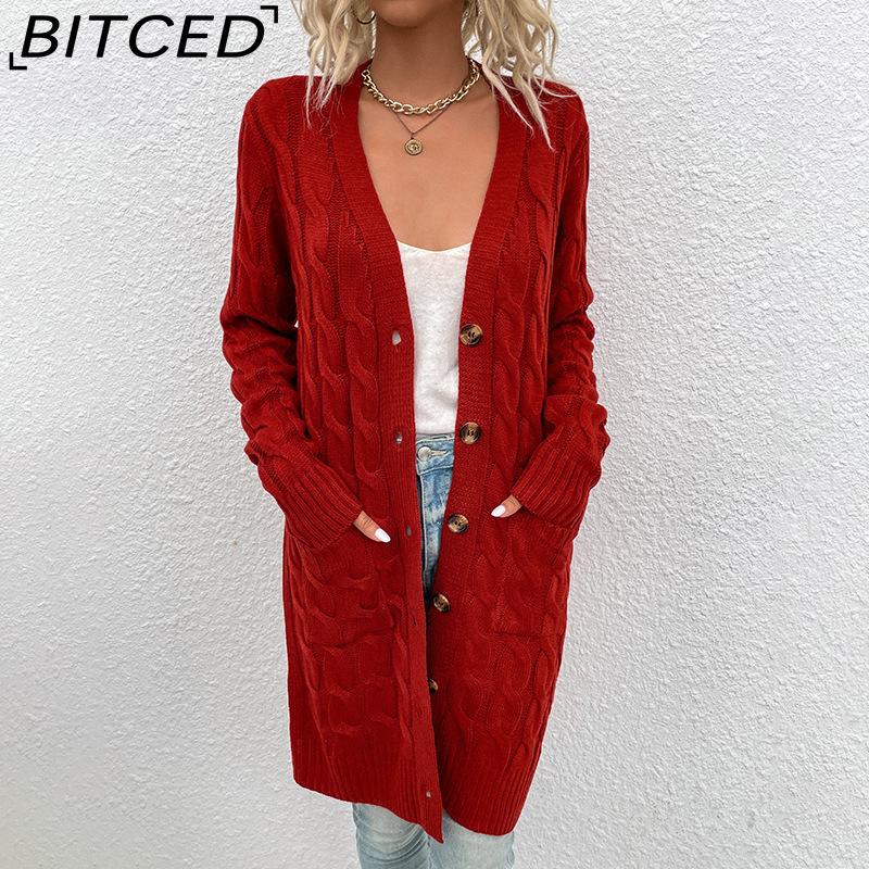 

BITCED Knitted Sweater Autumn/Winter Long-Line Cable-Knit Cardigan Women s Button-Front Cardigan XL красный