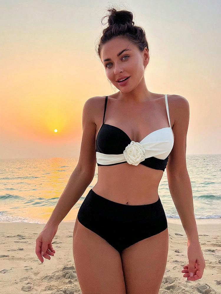 

Купальник из двух частей в европейском и американском стиле с цветными блоками и принтом роз для женщин XL