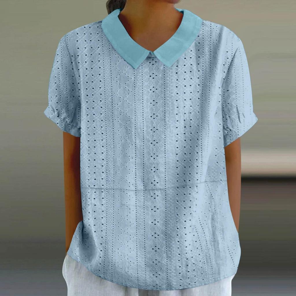 Damen Sommer Leinen Puppenkragen Kurzarm Locker Farbe Hemd Freizeit Knopf Patchwork Bluse