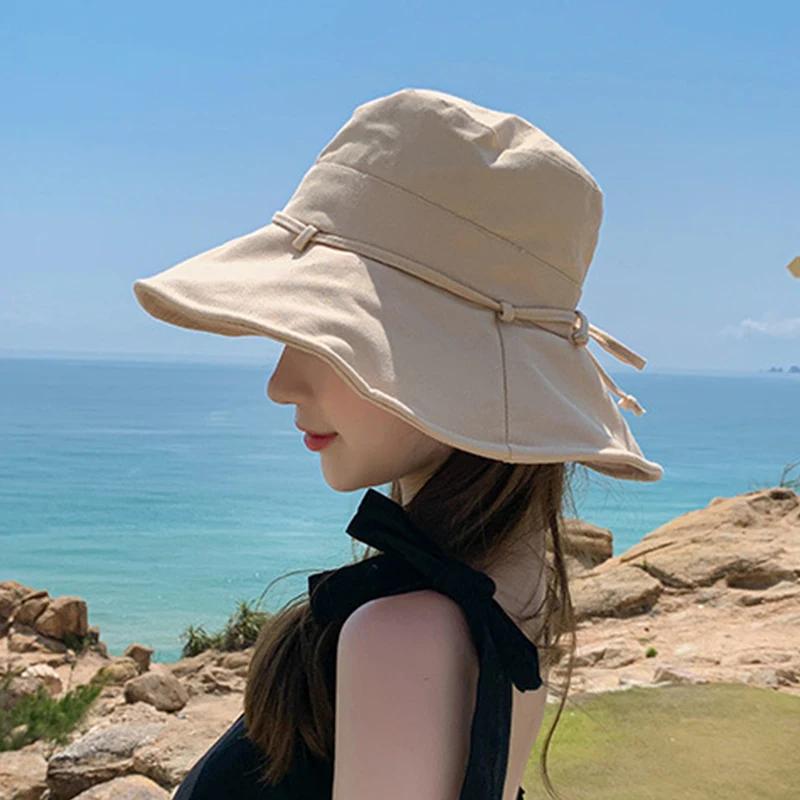 New Summer Cotton Wide Brim Bucket Hat Outdoor Trendy Lightweight Anti Uv Women Fisherman Caps Sunscreen Travel Beach Panama Cap