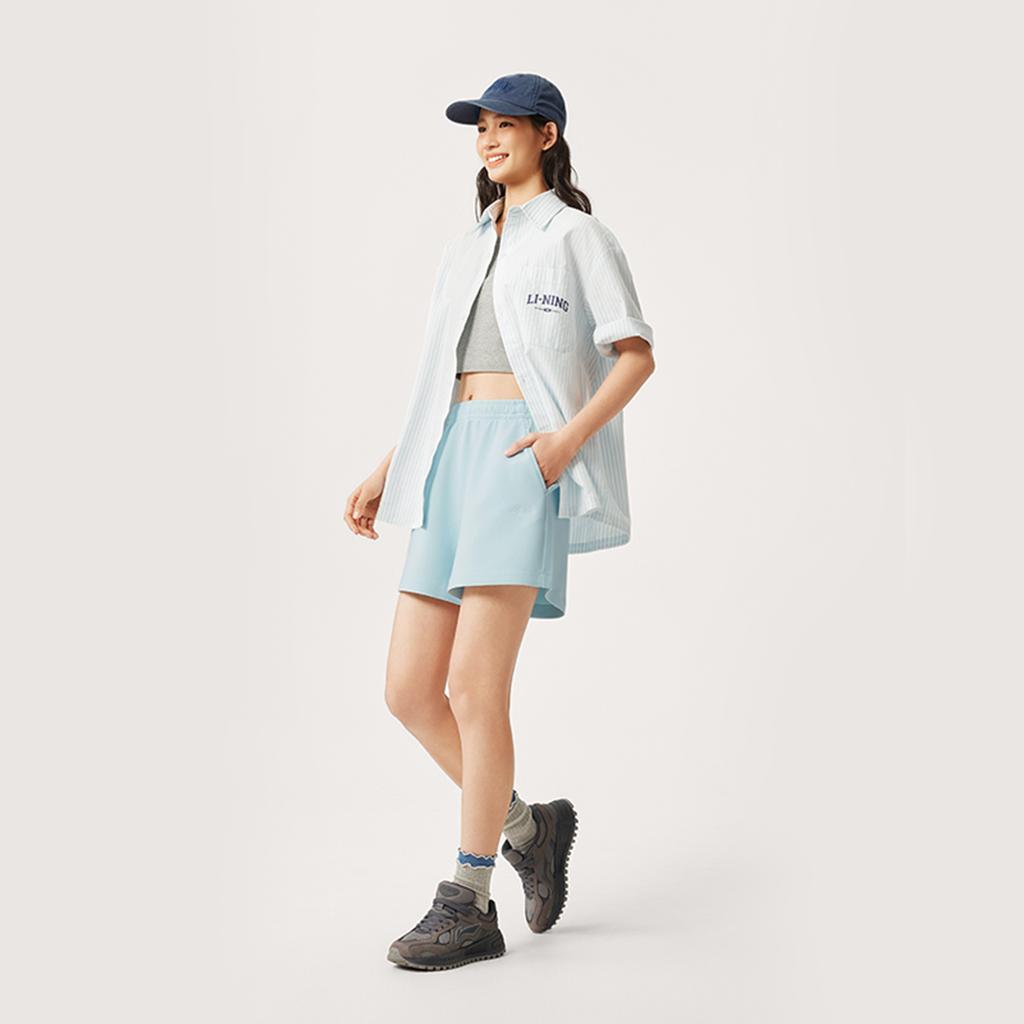 Li Ning Sports Trend Series Solid Color Mid Waist Breathable Versatile Straight Casual Shorts Women shorts Light-Sky-Blue AKSV178-1