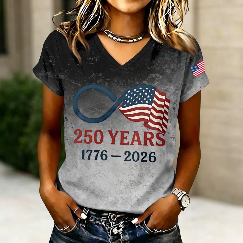 Women's Casual V Neck Short Sleeve T Shirt with Letter Print 250 Years 1776-2026 American Flag Graphic Top Summer Tee