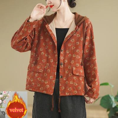 Ladies' Spring and Autumn Retro Loose Large Size Plus Velvet Thick Hooded Jacket - Casual Printed Outerwear