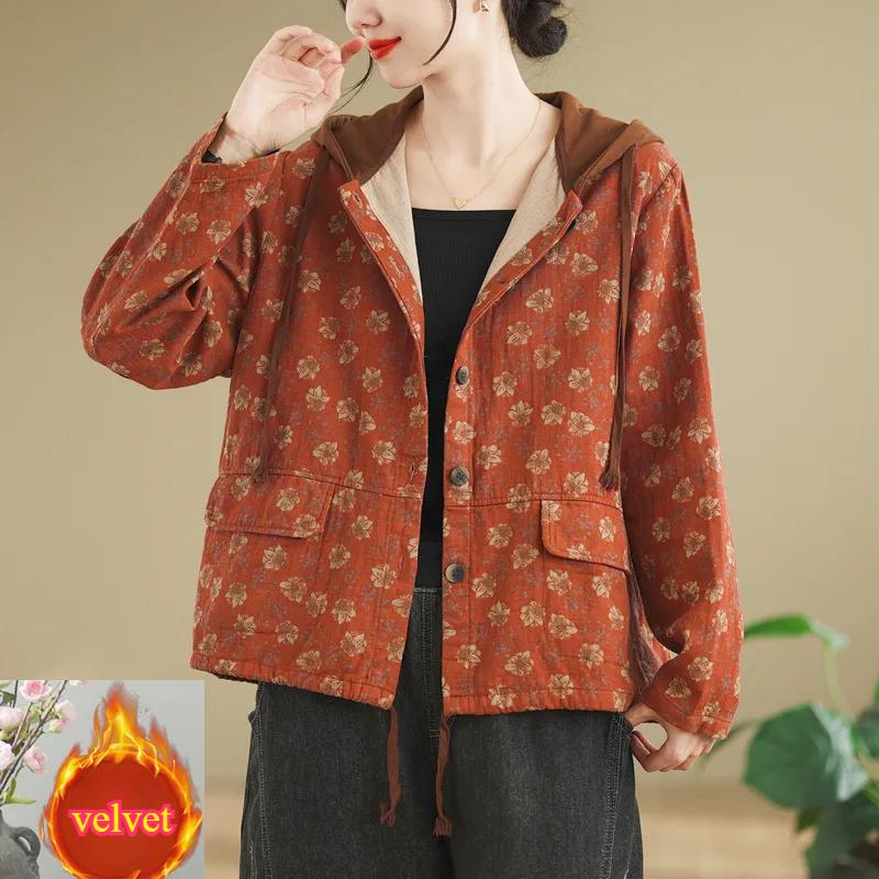 Spring and Autumn Loose Large Size Printing Plus Velvet Thick Hooded Retro Ladies Casual Jacket