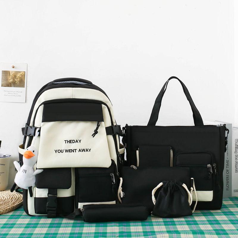 

5 шт. Рюкзак для средней школы, Универсальный рюкзак, Рюкзаки большой вместимости для учеников начальной и средней школы, Кампусный досуг, Легкий набор сумок 8122 black five-piece set