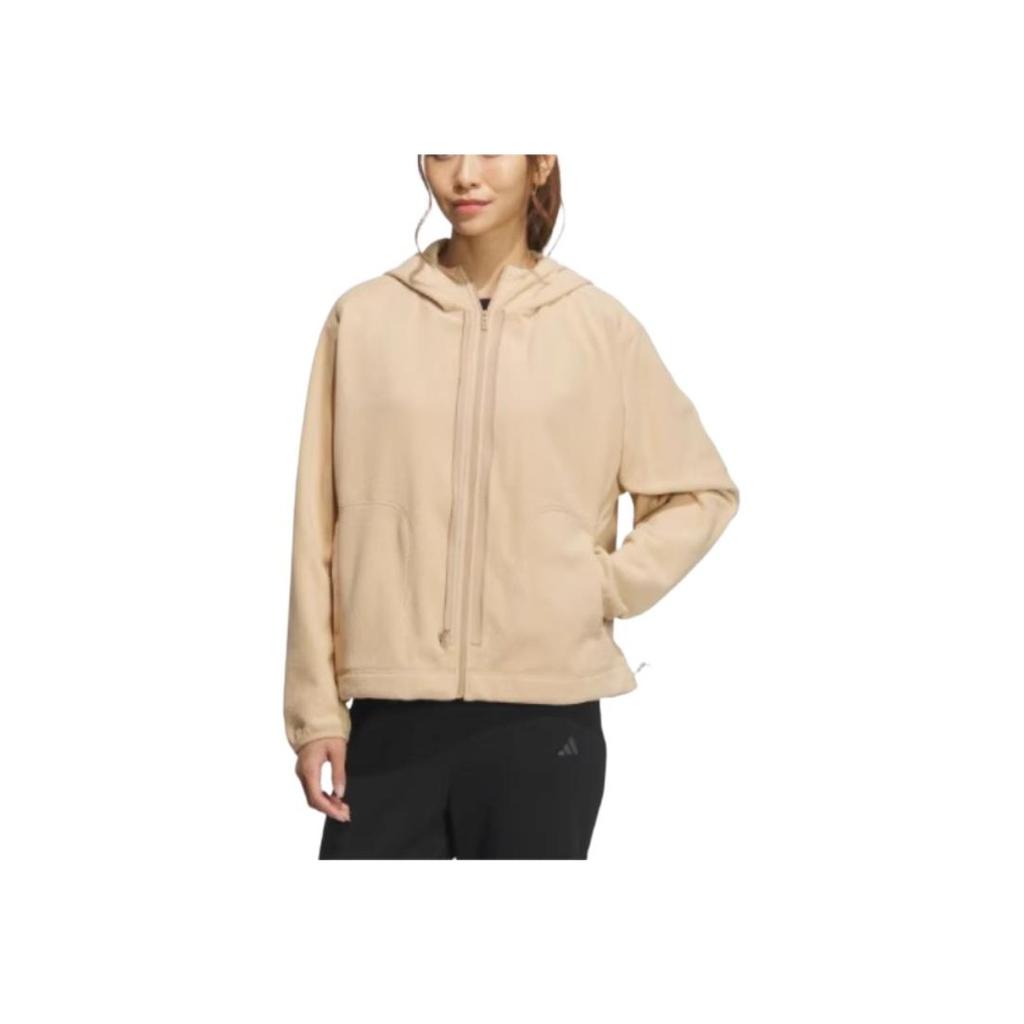 adidas Jachetă casual cu glugă și fermoar, impermeabilă, două în unu, pentru femei, culoarea nisipului cald, JM8856