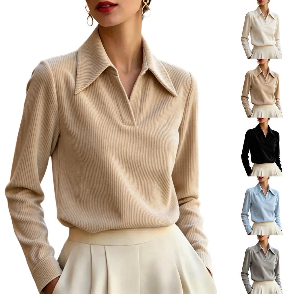 Women's Corduroy Lapel Collar Blouse Casual Top for Work and Commute