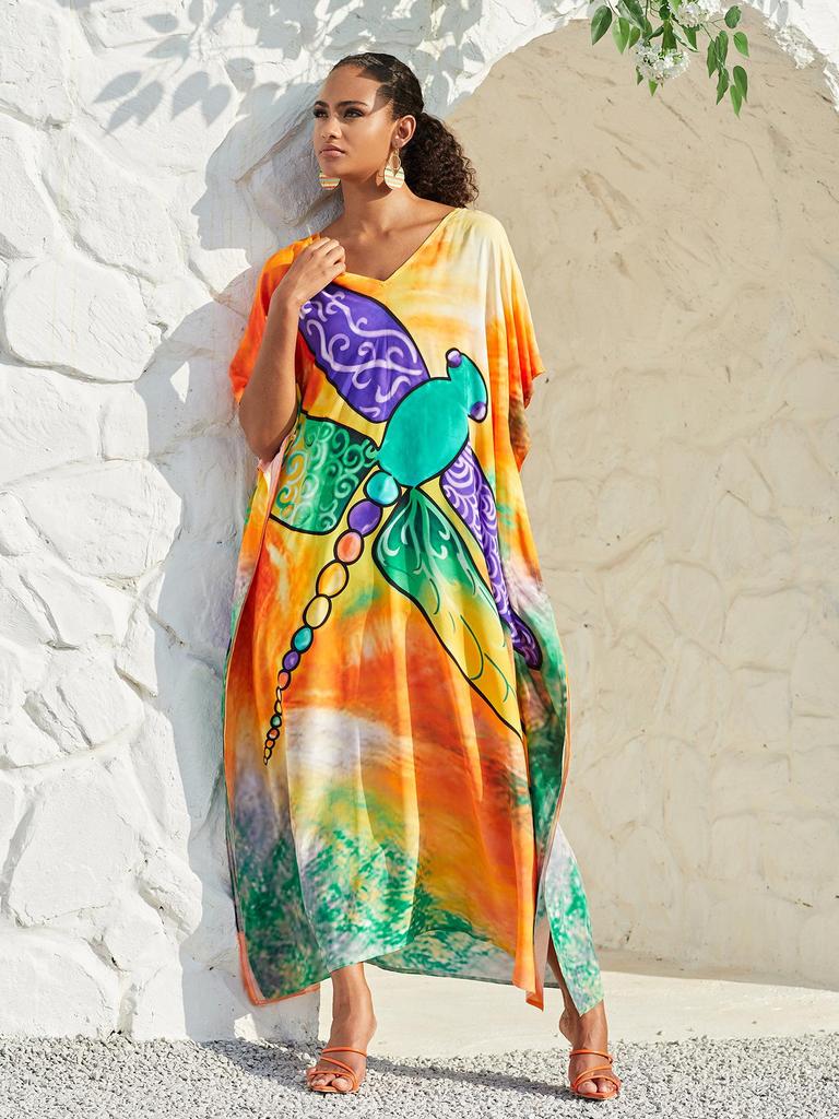 2024 European-American Rayon V-neck Beach Cover-up Robe