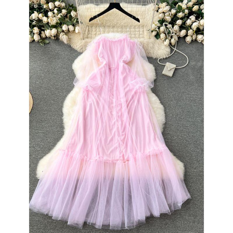 Court Style Dress Classy Light Luxury Minority Embroider Tight Waist Long Slimming Mesh Fairy Dress Sling Dress Women