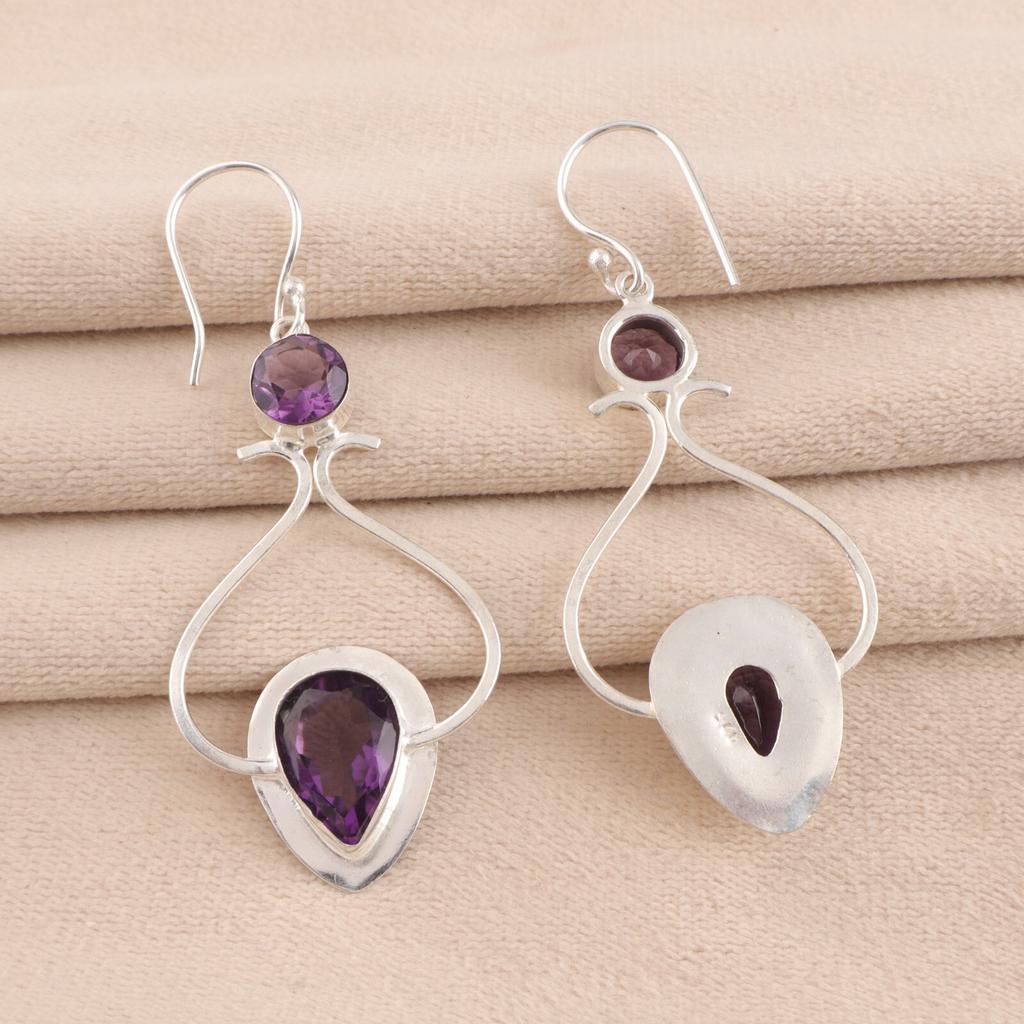 Naturlig Ametist Ädelsten 925 Sterling Silver Smycken Handgjorda Örhängen 2,07" EE-170-16